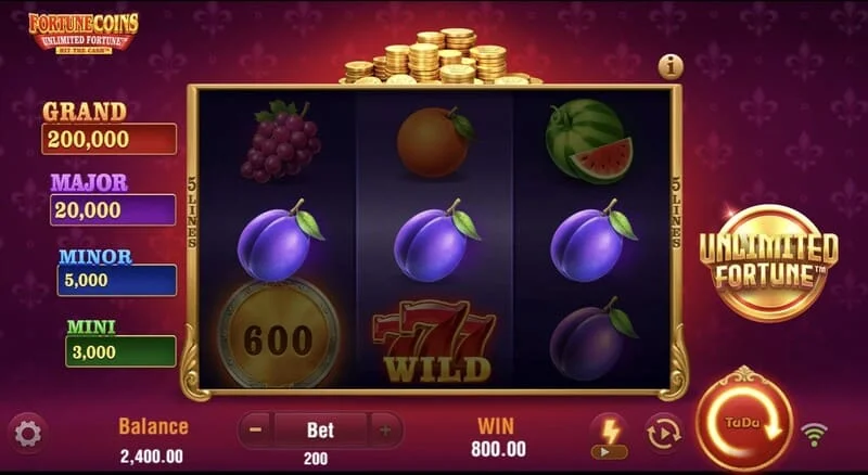 Fortune Coins Unlimited Fortune – základná mriežka 3 x 3 s ovocnými symbolmi